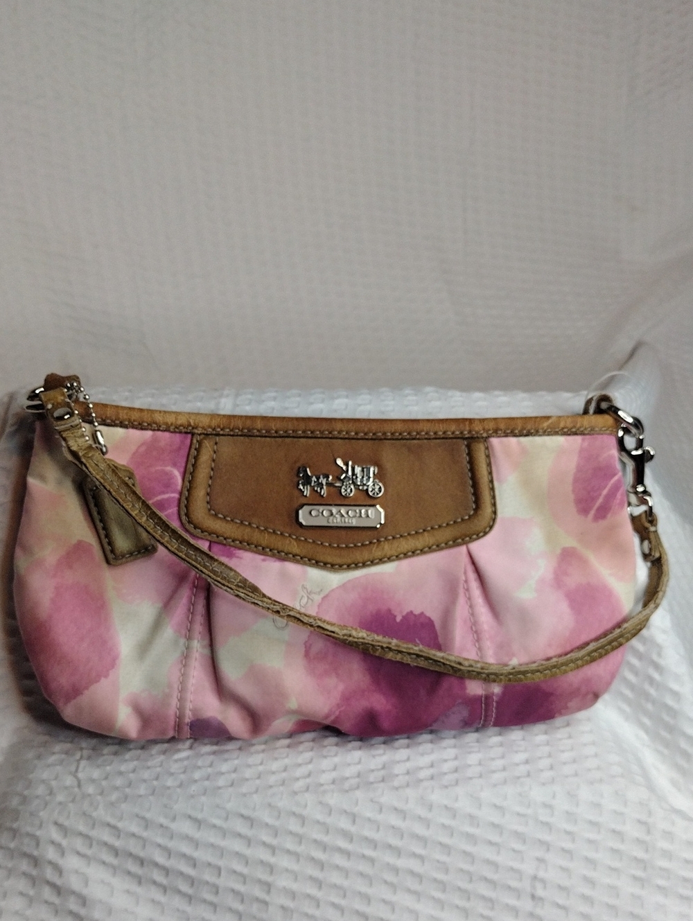Coach Pink Watercolor Signature Wristlet with Tan Trim